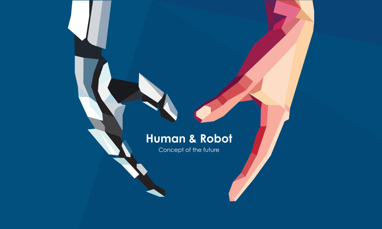 Human and robot hands. Concept of the future. Illustration сan be used for artificial intelligence business banner design. Vector illustration