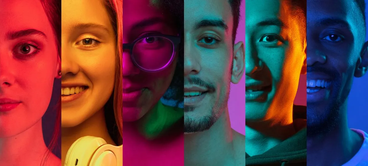 Cropped portraits of group of people on multicolored background
